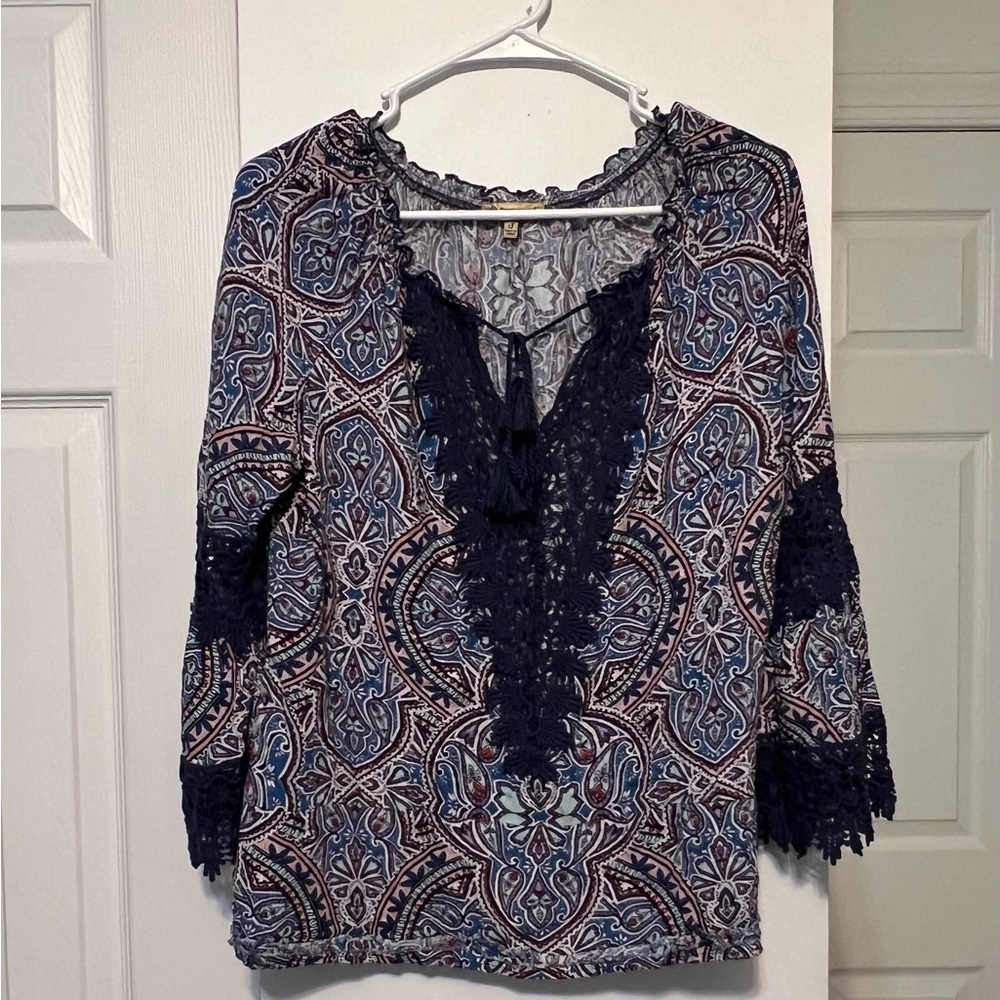 Democracy Boho Peasant Blouse Tassel Tie Long Crocheted Flare Sleeve Size Small